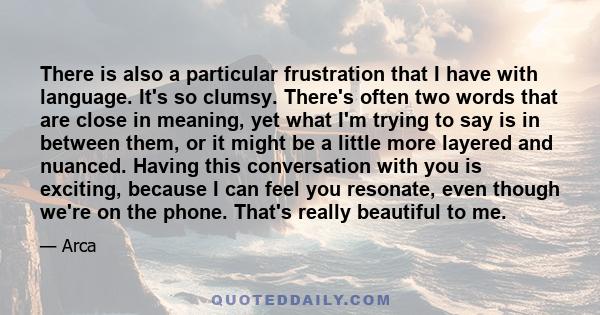 There is also a particular frustration that I have with language. It's so clumsy. There's often two words that are close in meaning, yet what I'm trying to say is in between them, or it might be a little more layered