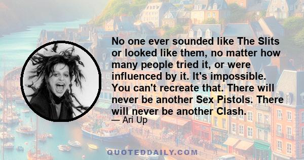 No one ever sounded like The Slits or looked like them, no matter how many people tried it, or were influenced by it. It's impossible. You can't recreate that. There will never be another Sex Pistols. There will never