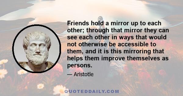 Friends hold a mirror up to each other; through that mirror they can see each other in ways that would not otherwise be accessible to them, and it is this mirroring that helps them improve themselves as persons.