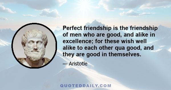 Perfect friendship is the friendship of men who are good, and alike in excellence; for these wish well alike to each other qua good, and they are good in themselves.