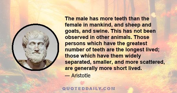 The male has more teeth than the female in mankind, and sheep and goats, and swine. This has not been observed in other animals. Those persons which have the greatest number of teeth are the longest lived; those which