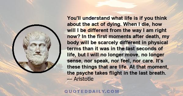 You'll understand what life is if you think about the act of dying. When I die, how will I be different from the way I am right now? In the first moments after death, my body will be scarcely different in physical terms 