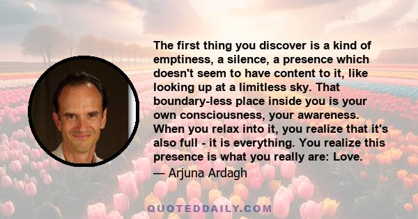 The first thing you discover is a kind of emptiness, a silence, a presence which doesn't seem to have content to it, like looking up at a limitless sky. That boundary-less place inside you is your own consciousness,