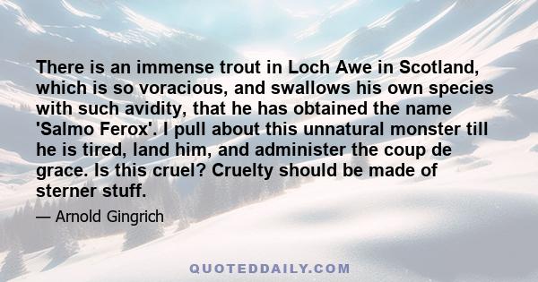 There is an immense trout in Loch Awe in Scotland, which is so voracious, and swallows his own species with such avidity, that he has obtained the name 'Salmo Ferox'. I pull about this unnatural monster till he is