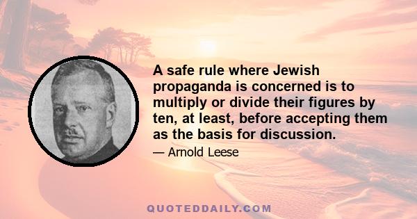 A safe rule where Jewish propaganda is concerned is to multiply or divide their figures by ten, at least, before accepting them as the basis for discussion.