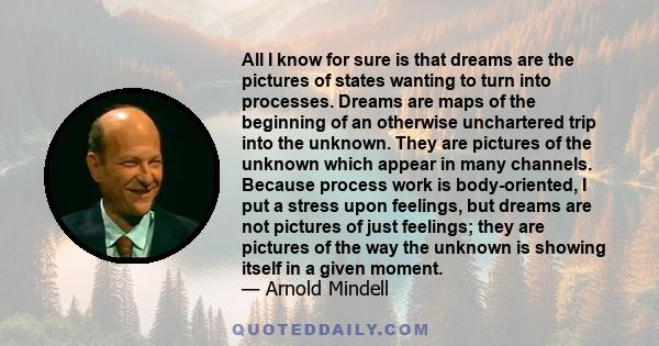 All I know for sure is that dreams are the pictures of states wanting to turn into processes. Dreams are maps of the beginning of an otherwise unchartered trip into the unknown. They are pictures of the unknown which