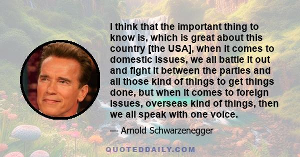 I think that the important thing to know is, which is great about this country [the USA], when it comes to domestic issues, we all battle it out and fight it between the parties and all those kind of things to get