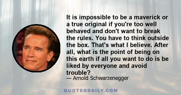 It is impossible to be a maverick or a true original if you're too well behaved and don't want to break the rules. You have to think outside the box. That's what I believe. After all, what is the point of being on this