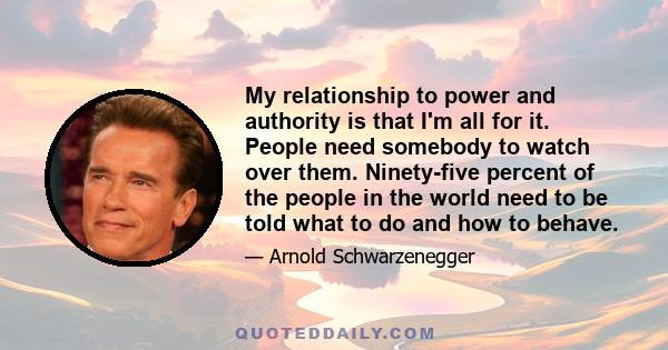 My relationship to power and authority is that I'm all for it. People need somebody to watch over them. Ninety-five percent of the people in the world need to be told what to do and how to behave.