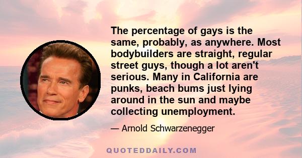 The percentage of gays is the same, probably, as anywhere. Most bodybuilders are straight, regular street guys, though a lot aren't serious. Many in California are punks, beach bums just lying around in the sun and