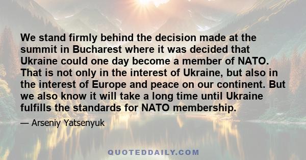 We stand firmly behind the decision made at the summit in Bucharest where it was decided that Ukraine could one day become a member of NATO. That is not only in the interest of Ukraine, but also in the interest of