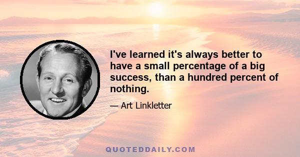 I've learned it's always better to have a small percentage of a big success, than a hundred percent of nothing.