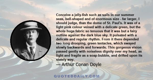 Conceive a jelly-fish such as sails in our summer seas, bell-shaped and of enormous size - far larger, I should judge, than the dome of St. Paul's. It was of a light pink colour veined with a delicate green, but the