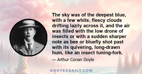 The sky was of the deepest blue, with a few white, fleecy clouds drifting lazily across it, and the air was filled with the low drone of insects or with a sudden sharper note as bee or bluefly shot past with its