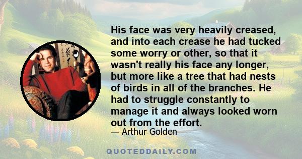 His face was very heavily creased, and into each crease he had tucked some worry or other, so that it wasn't really his face any longer, but more like a tree that had nests of birds in all of the branches. He had to