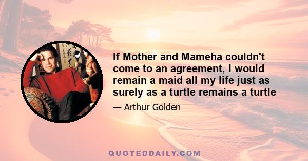 If Mother and Mameha couldn't come to an agreement, I would remain a maid all my life just as surely as a turtle remains a turtle