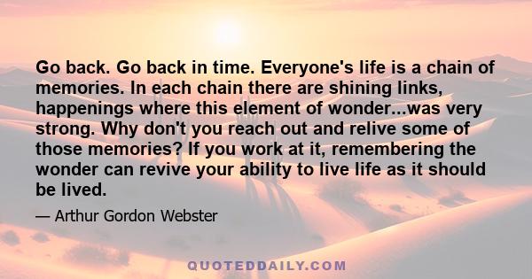 Go back. Go back in time. Everyone's life is a chain of memories. In each chain there are shining links, happenings where this element of wonder...was very strong. Why don't you reach out and relive some of those