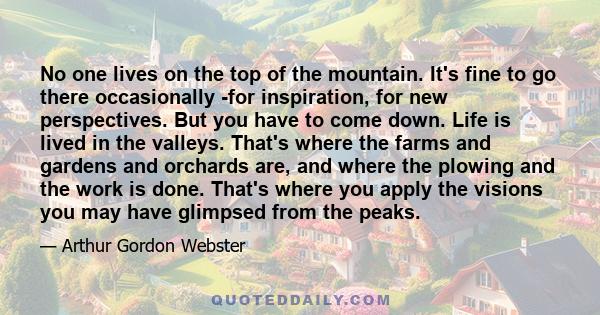 No one lives on the top of the mountain. It's fine to go there occasionally -for inspiration, for new perspectives. But you have to come down. Life is lived in the valleys. That's where the farms and gardens and