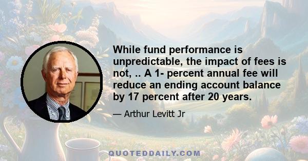 While fund performance is unpredictable, the impact of fees is not, .. A 1- percent annual fee will reduce an ending account balance by 17 percent after 20 years.