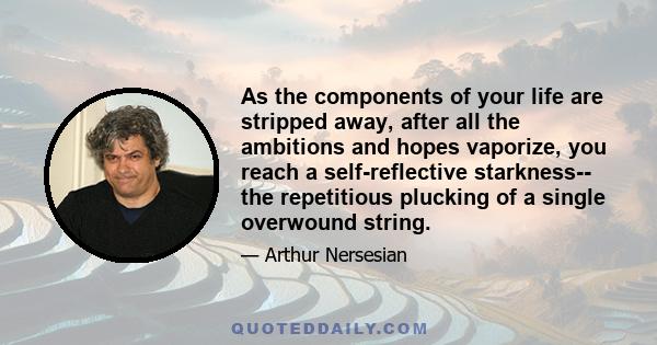 As the components of your life are stripped away, after all the ambitions and hopes vaporize, you reach a self-reflective starkness-- the repetitious plucking of a single overwound string.