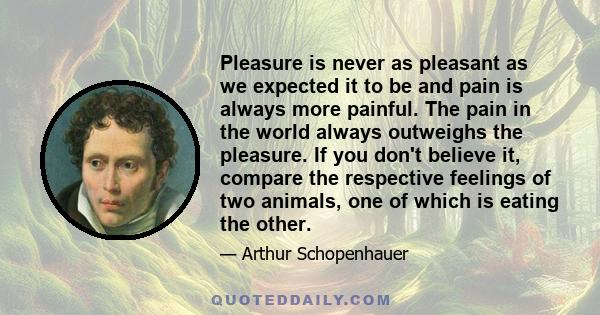 Pleasure is never as pleasant as we expected it to be and pain is always more painful. The pain in the world always outweighs the pleasure. If you don't believe it, compare the respective feelings of two animals, one of 