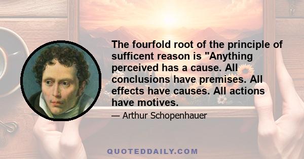 The fourfold root of the principle of sufficent reason is Anything perceived has a cause. All conclusions have premises. All effects have causes. All actions have motives.