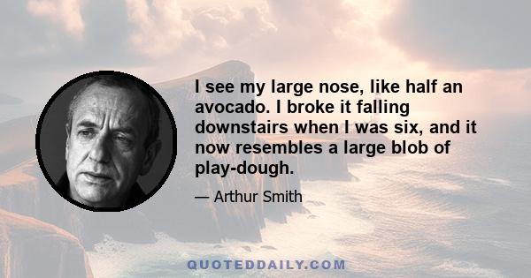 I see my large nose, like half an avocado. I broke it falling downstairs when I was six, and it now resembles a large blob of play-dough.