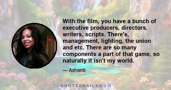 With the film, you have a bunch of executive producers, directors, writers, scripts. There's, management, lighting, the union and etc. There are so many components a part of that game, so naturally it isn't my world.