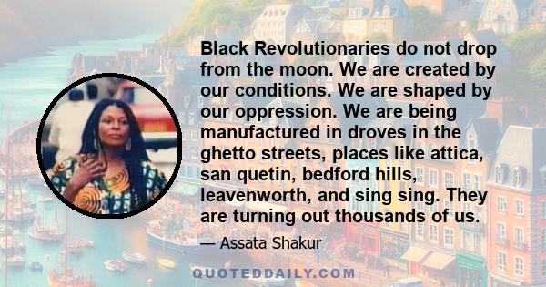 Black Revolutionaries do not drop from the moon. We are created by our conditions. We are shaped by our oppression. We are being manufactured in droves in the ghetto streets, places like attica, san quetin, bedford