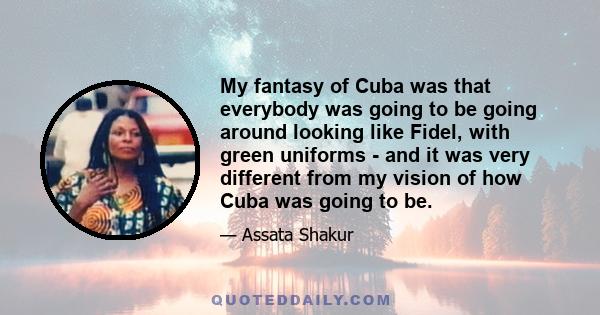 My fantasy of Cuba was that everybody was going to be going around looking like Fidel, with green uniforms - and it was very different from my vision of how Cuba was going to be.