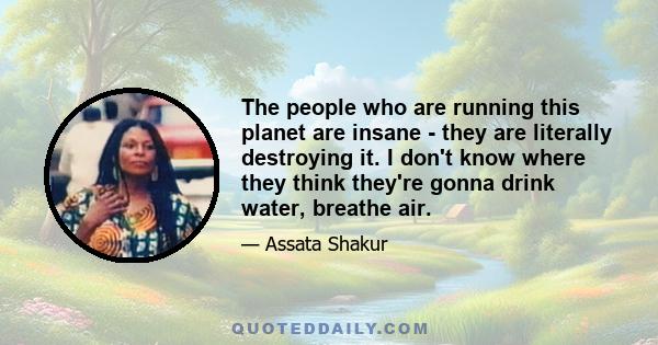 The people who are running this planet are insane - they are literally destroying it. I don't know where they think they're gonna drink water, breathe air.