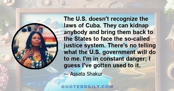 The U.S. doesn't recognize the laws of Cuba. They can kidnap anybody and bring them back to the States to face the so-called justice system. There's no telling what the U.S. government will do to me. I'm in constant