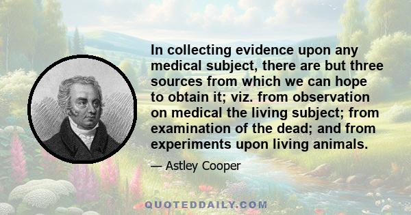 In collecting evidence upon any medical subject, there are but three sources from which we can hope to obtain it; viz. from observation on medical the living subject; from examination of the dead; and from experiments