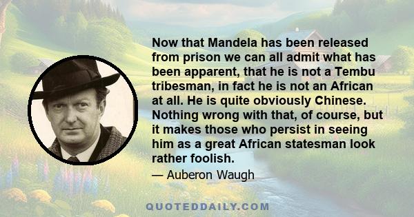 Now that Mandela has been released from prison we can all admit what has been apparent, that he is not a Tembu tribesman, in fact he is not an African at all. He is quite obviously Chinese. Nothing wrong with that, of