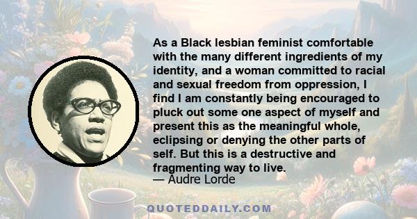 As a Black lesbian feminist comfortable with the many different ingredients of my identity, and a woman committed to racial and sexual freedom from oppression, I find I am constantly being encouraged to pluck out some