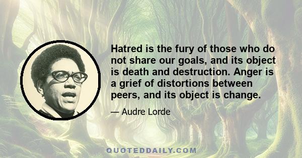 Hatred is the fury of those who do not share our goals, and its object is death and destruction. Anger is a grief of distortions between peers, and its object is change.