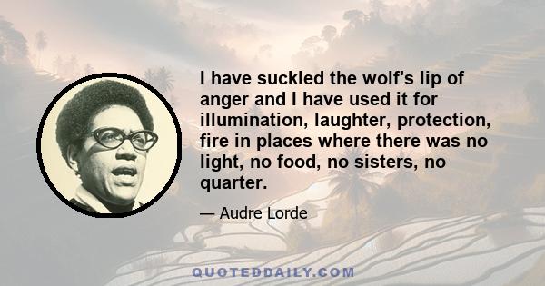 I have suckled the wolf's lip of anger and I have used it for illumination, laughter, protection, fire in places where there was no light, no food, no sisters, no quarter.