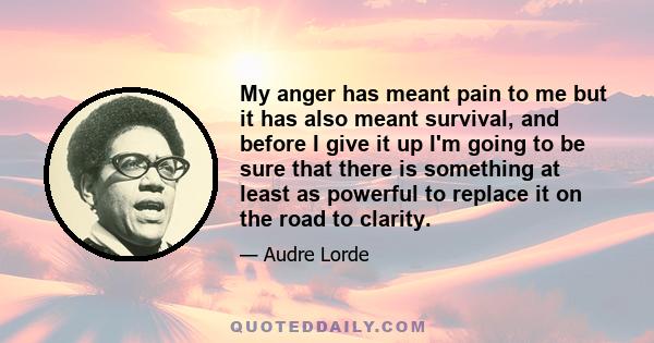 My anger has meant pain to me but it has also meant survival, and before I give it up I'm going to be sure that there is something at least as powerful to replace it on the road to clarity.