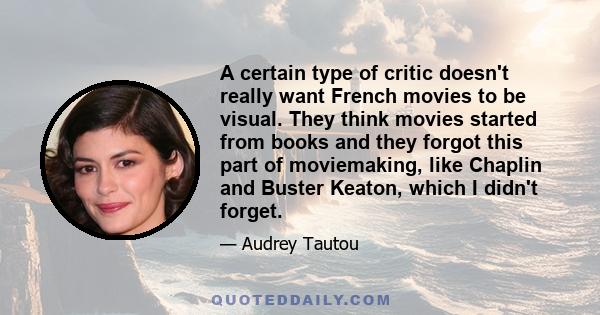 A certain type of critic doesn't really want French movies to be visual. They think movies started from books and they forgot this part of moviemaking, like Chaplin and Buster Keaton, which I didn't forget.