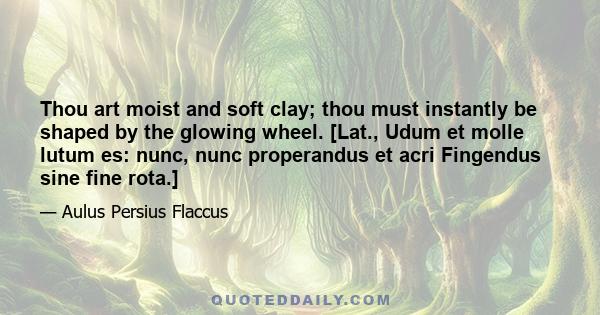 Thou art moist and soft clay; thou must instantly be shaped by the glowing wheel. [Lat., Udum et molle lutum es: nunc, nunc properandus et acri Fingendus sine fine rota.]