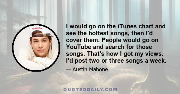 I would go on the iTunes chart and see the hottest songs, then I'd cover them. People would go on YouTube and search for those songs. That's how I got my views. I'd post two or three songs a week.