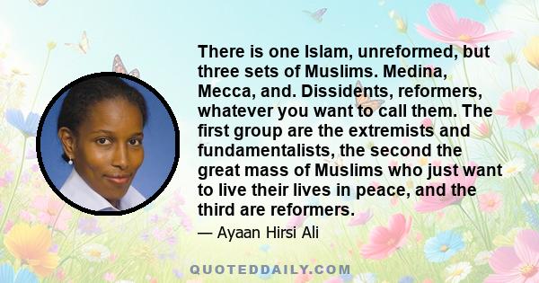 There is one Islam, unreformed, but three sets of Muslims. Medina, Mecca, and. Dissidents, reformers, whatever you want to call them. The first group are the extremists and fundamentalists, the second the great mass of