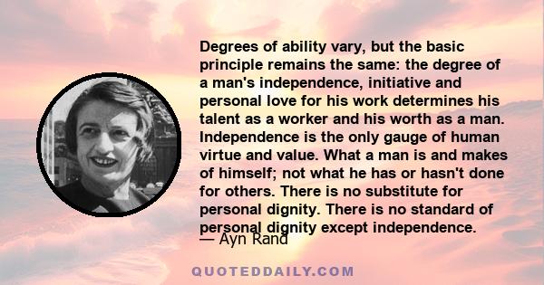 Degrees of ability vary, but the basic principle remains the same: the degree of a man's independence, initiative and personal love for his work determines his talent as a worker and his worth as a man. Independence is