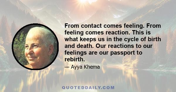 From contact comes feeling. From feeling comes reaction. This is what keeps us in the cycle of birth and death. Our reactions to our feelings are our passport to rebirth.