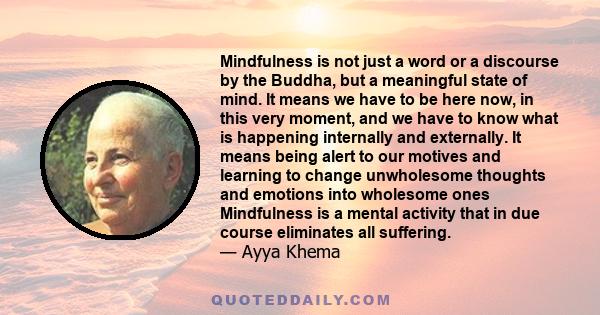 Mindfulness is not just a word or a discourse by the Buddha, but a meaningful state of mind. It means we have to be here now, in this very moment, and we have to know what is happening internally and externally. It