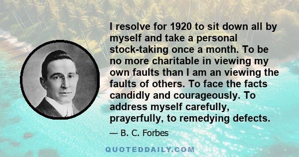 I resolve for 1920 to sit down all by myself and take a personal stock-taking once a month. To be no more charitable in viewing my own faults than I am an viewing the faults of others. To face the facts candidly and