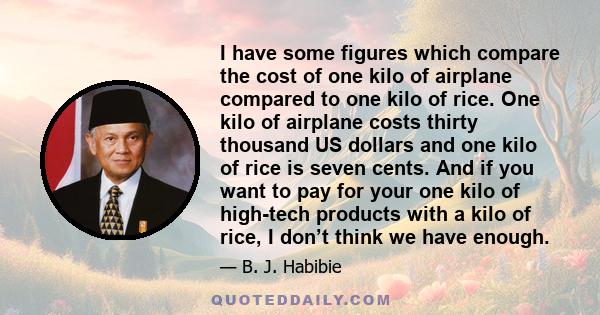 I have some figures which compare the cost of one kilo of airplane compared to one kilo of rice. One kilo of airplane costs thirty thousand US dollars and one kilo of rice is seven cents. And if you want to pay for your 