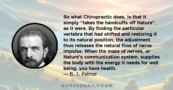 So what Chiropractic does, is that it simply “takes the handcuffs off Nature”, as it were. By finding the particular vertebra that had shifted and restoring it to its natural position, the adjustment thus releases the