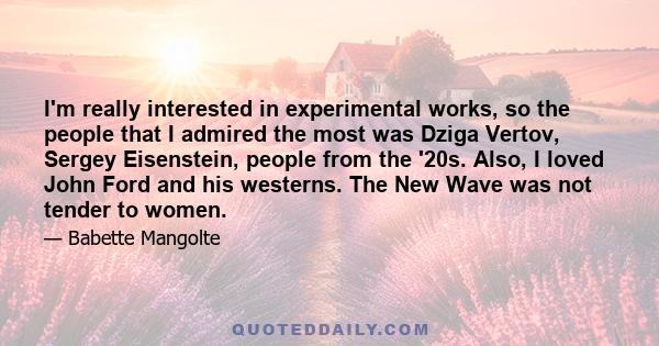 I'm really interested in experimental works, so the people that I admired the most was Dziga Vertov, Sergey Eisenstein, people from the '20s. Also, I loved John Ford and his westerns. The New Wave was not tender to