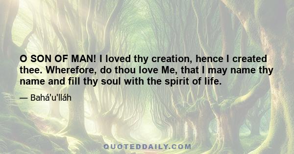 O SON OF MAN! I loved thy creation, hence I created thee. Wherefore, do thou love Me, that I may name thy name and fill thy soul with the spirit of life.